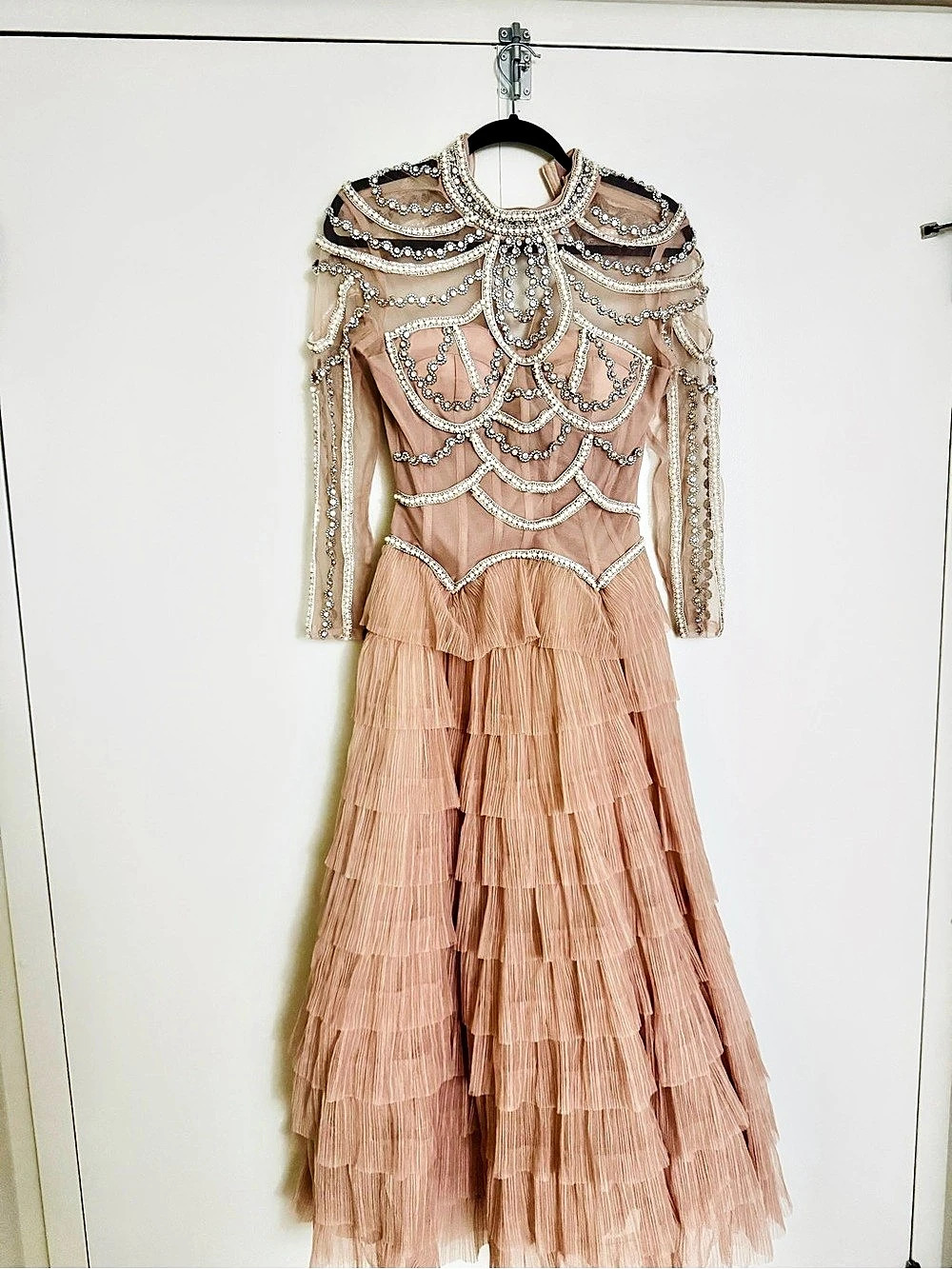 Beaded Long Sleeve Maxi Dress in Pink Like New